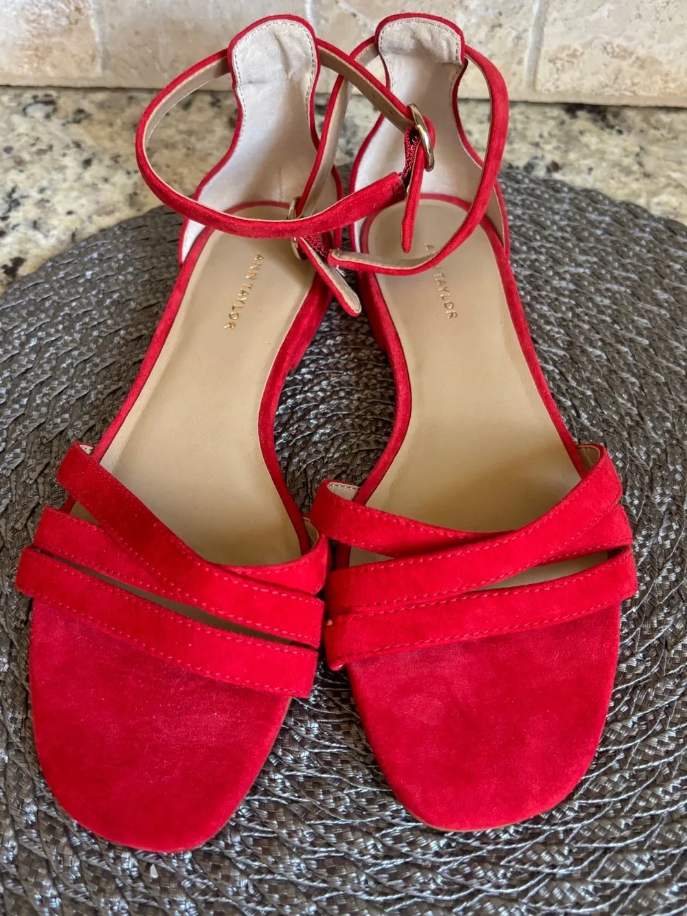 New!!! Karmin Red Suede Ankle Strap Flat Sandals 6
